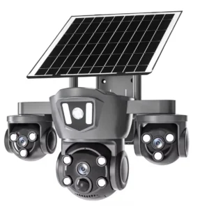 Camera de surveillance a 3 objectifs avec panneau solaire, benishop, livraison gratuite