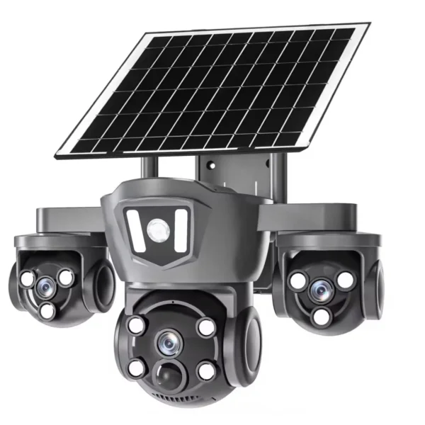 Camera de surveillance a 3 objectifs avec panneau solaire, benishop, livraison gratuite