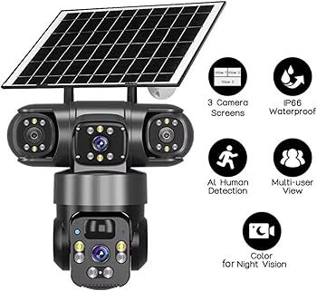 Camera de surveillance a 3 objectifs avec panneau solaire, benishop, livraison gratuite, boutique en ligne benin, boutique en ligne cotonou