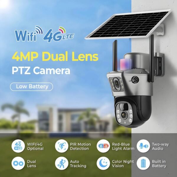 Camera de surveillance a 3 objectifs avec panneau solaire, benishop, livraison gratuite, boutique en ligne benin, boutique en ligne cotonou